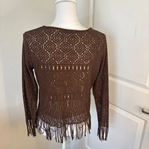 Mixit Womens Brown Crochet Knit Fringe Hem Top Long Sleeve Boho Festival Medium - Picture 3 of 4